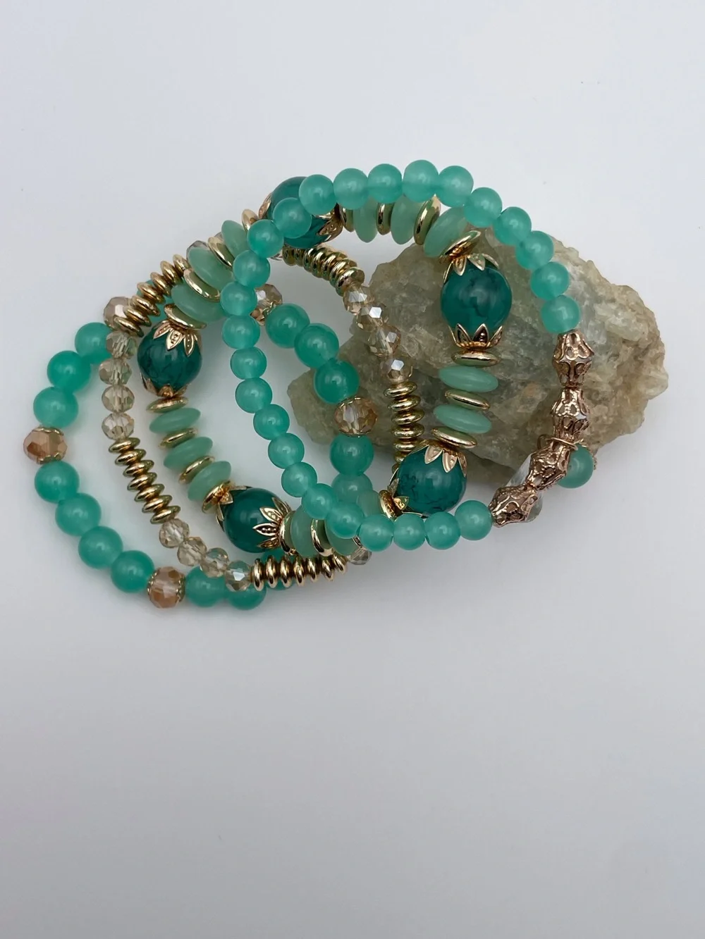 4 Piece Tassel Charm Beaded Stretch Bracelet Aqua